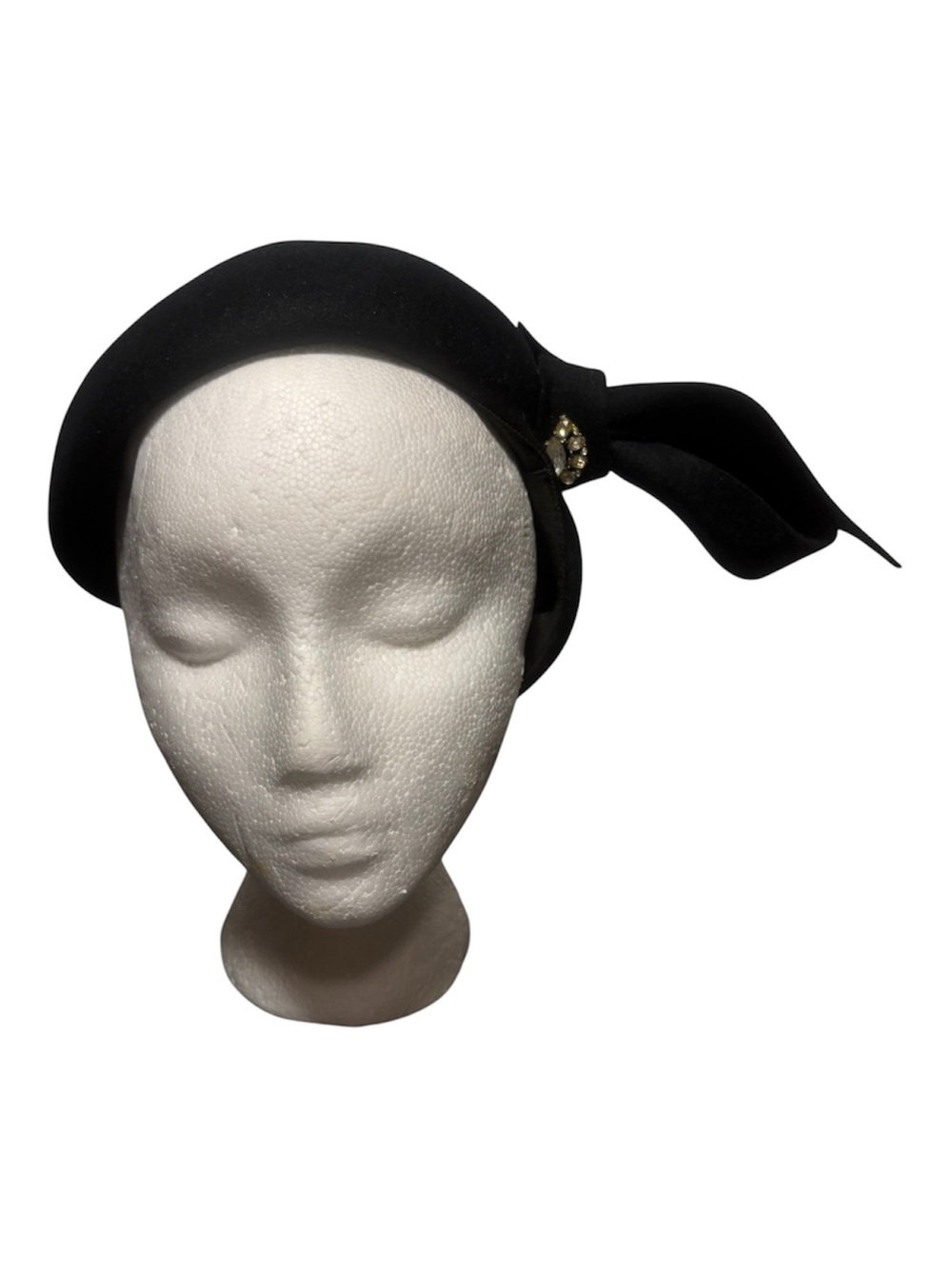 Vintage 40s/50s Black Fur Felt Cocktail Half Hat with Statement Bow & Brooch